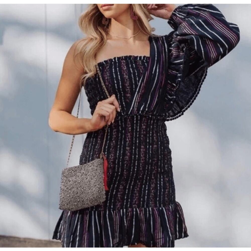 Farm Rio Lurex Stripes Mini Dress Black Metallic One Shoulder Sz Medium